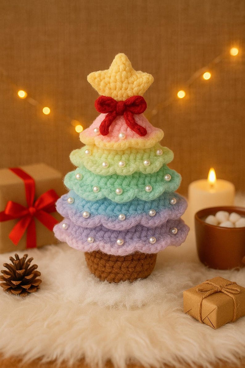 Handmade Crochet Rainbow Christmas Tree: Pastel Holiday Decor