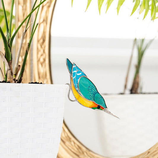 Stained Glass Kingfisher Plant Stake: Handmade Garden Art Decor