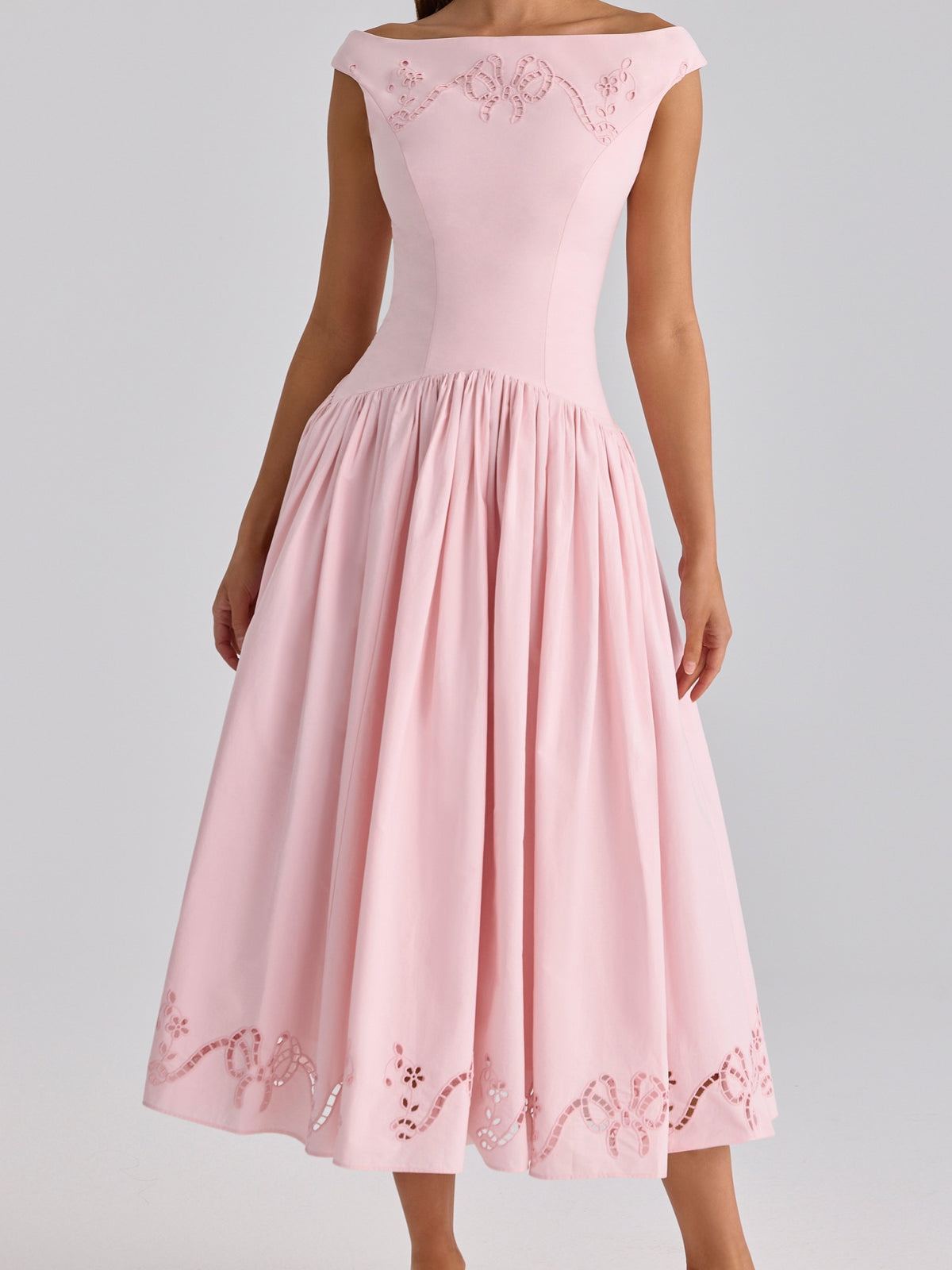 Pink Off-Shoulder Embroidered Midi Dress