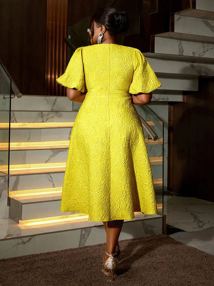 Jacquard Dresses A Line 3D Yellow  Flower Short Puff Sleeve