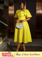 Jacquard Dresses A Line 3D Yellow  Flower Short Puff Sleeve