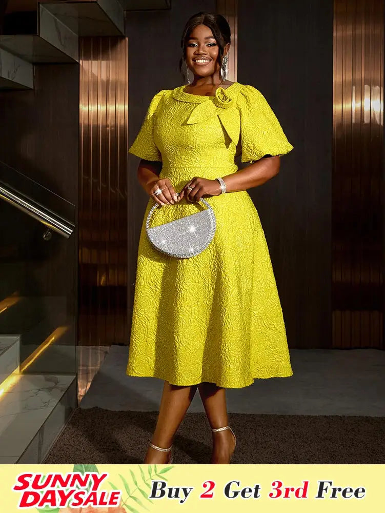 Jacquard Dresses A Line 3D Yellow  Flower Short Puff Sleeve