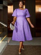 Jacquard Dresses A Line 3D Yellow  Flower Short Puff Sleeve