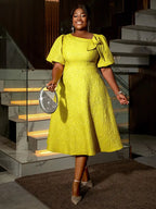 Jacquard Dresses A Line 3D Yellow  Flower Short Puff Sleeve