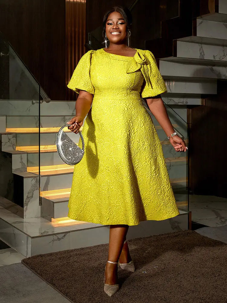 Jacquard Dresses A Line 3D Yellow  Flower Short Puff Sleeve