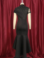 Lace Patchwork Sheer Sleeves Black Mermaid Long Dress