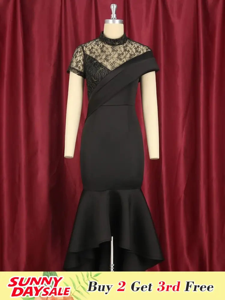 Lace Patchwork Sheer Sleeves Black Mermaid Long Dress