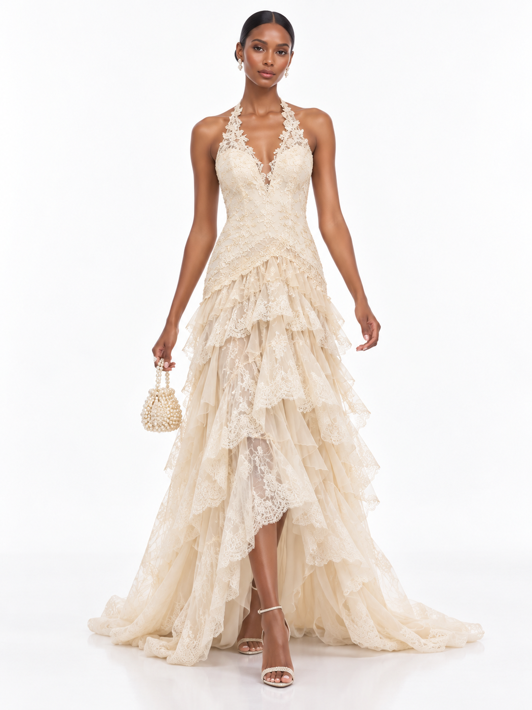 Cream Lace Halter Tiered Maxi Dress