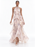 Multicolor Floral Print Halter Ruffled Maxi Dress