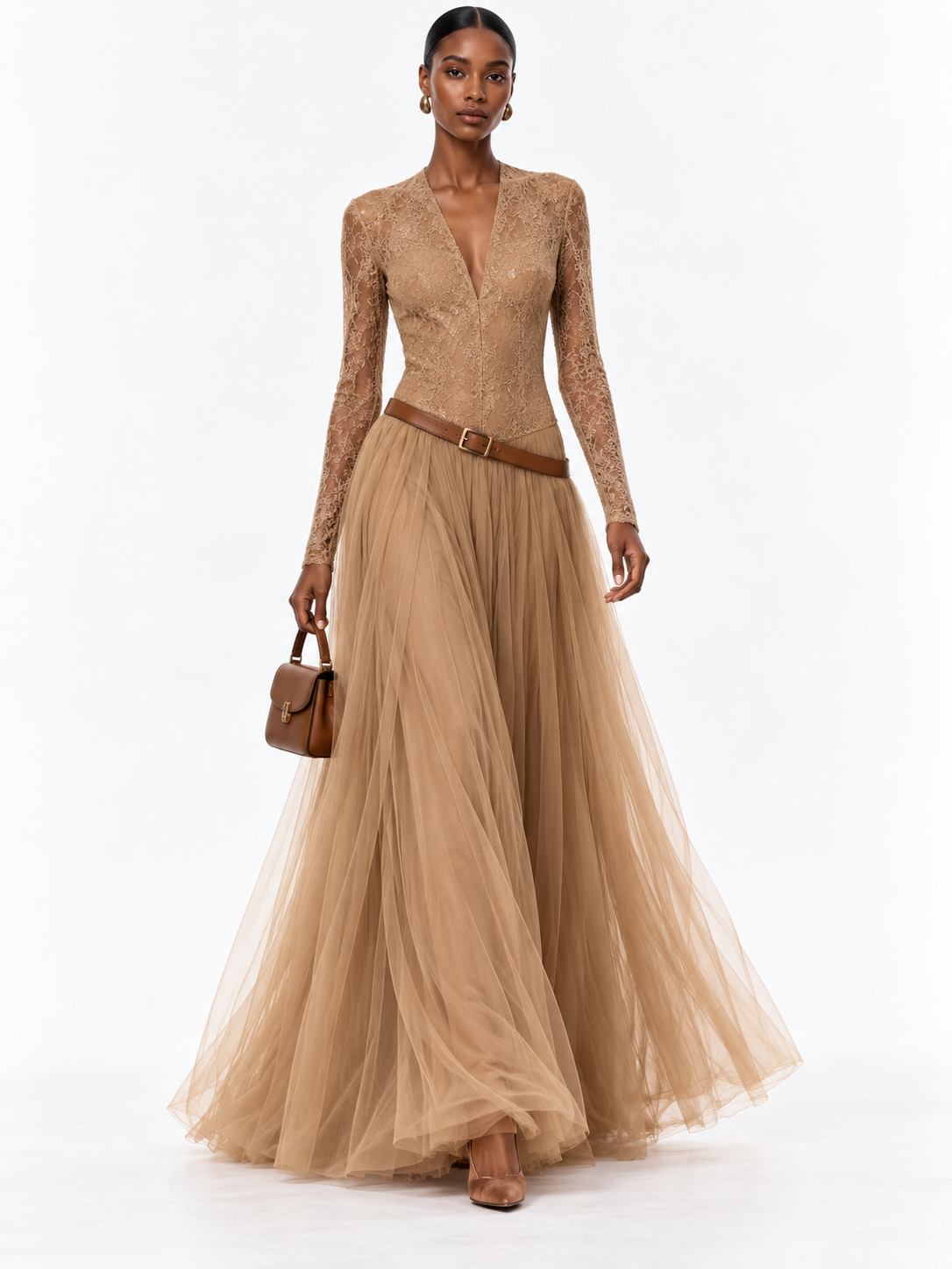 Camel Lace Long Sleeve Tulle Maxi Dress
