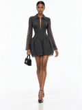 DarkGrey Sheer Sleeve Drop Waist Mini Dress
