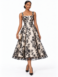 Cream Black Floral Embroidered Midi Dress