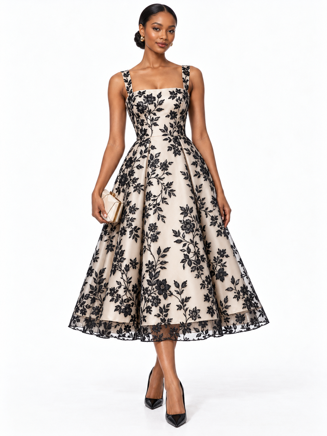 Cream Black Floral Embroidered Midi Dress