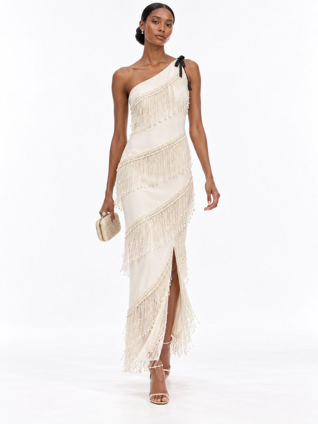 Cream One Shoulder Beaded Fringe Maxi Dress