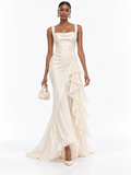 Cream Satin Cowl Neck Draped Maxi Dress