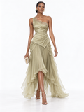 SageGreen Satin One Shoulder Asymmetric Maxi Dress