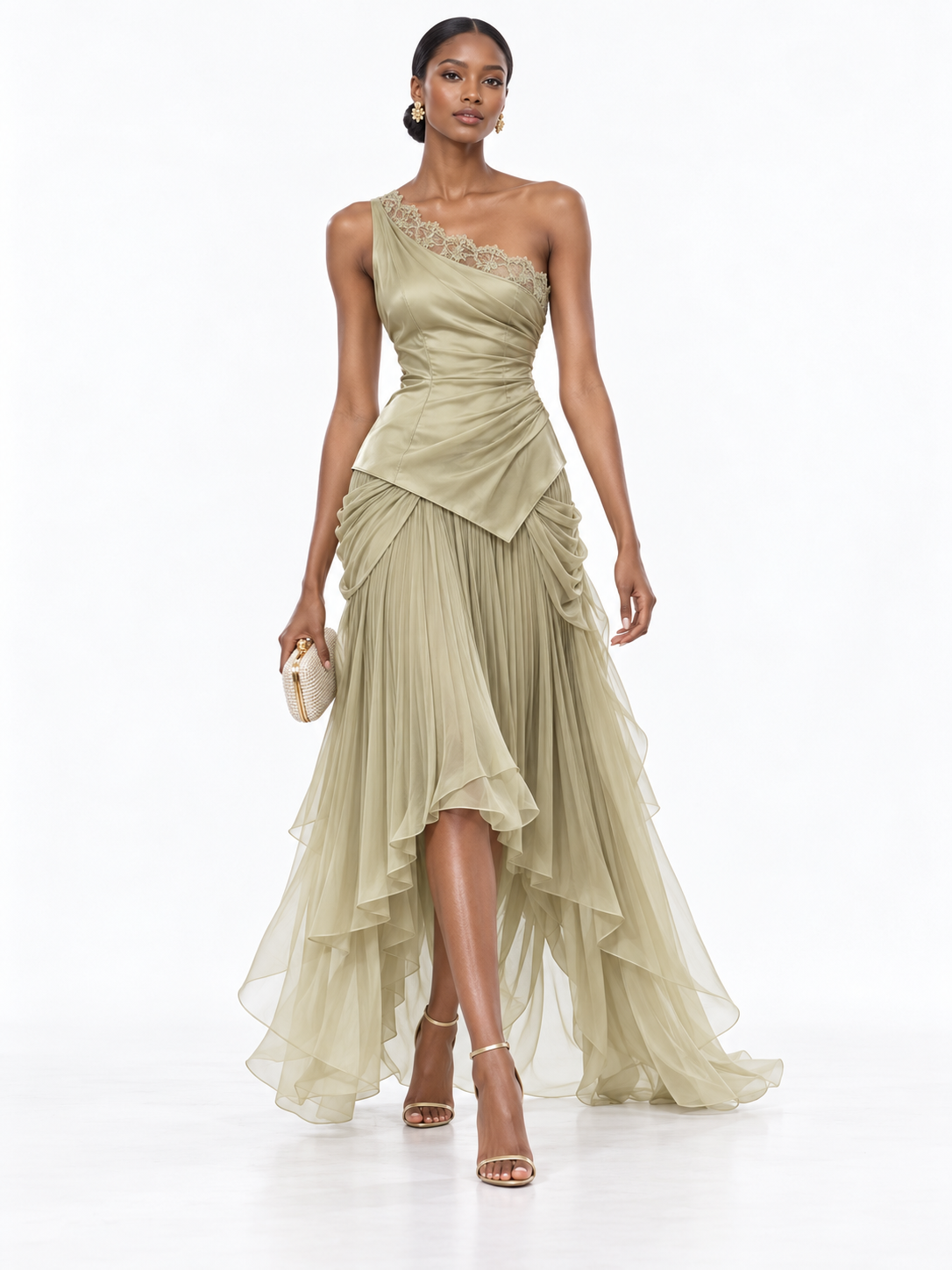 SageGreen Satin One Shoulder Asymmetric Maxi Dress