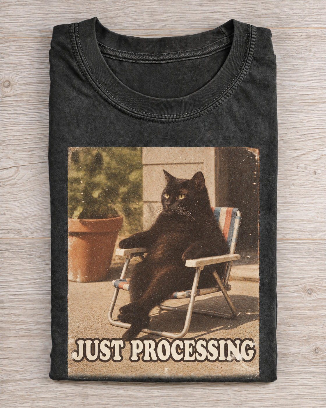 Black Washed Cat Just Processing Graphic Tee