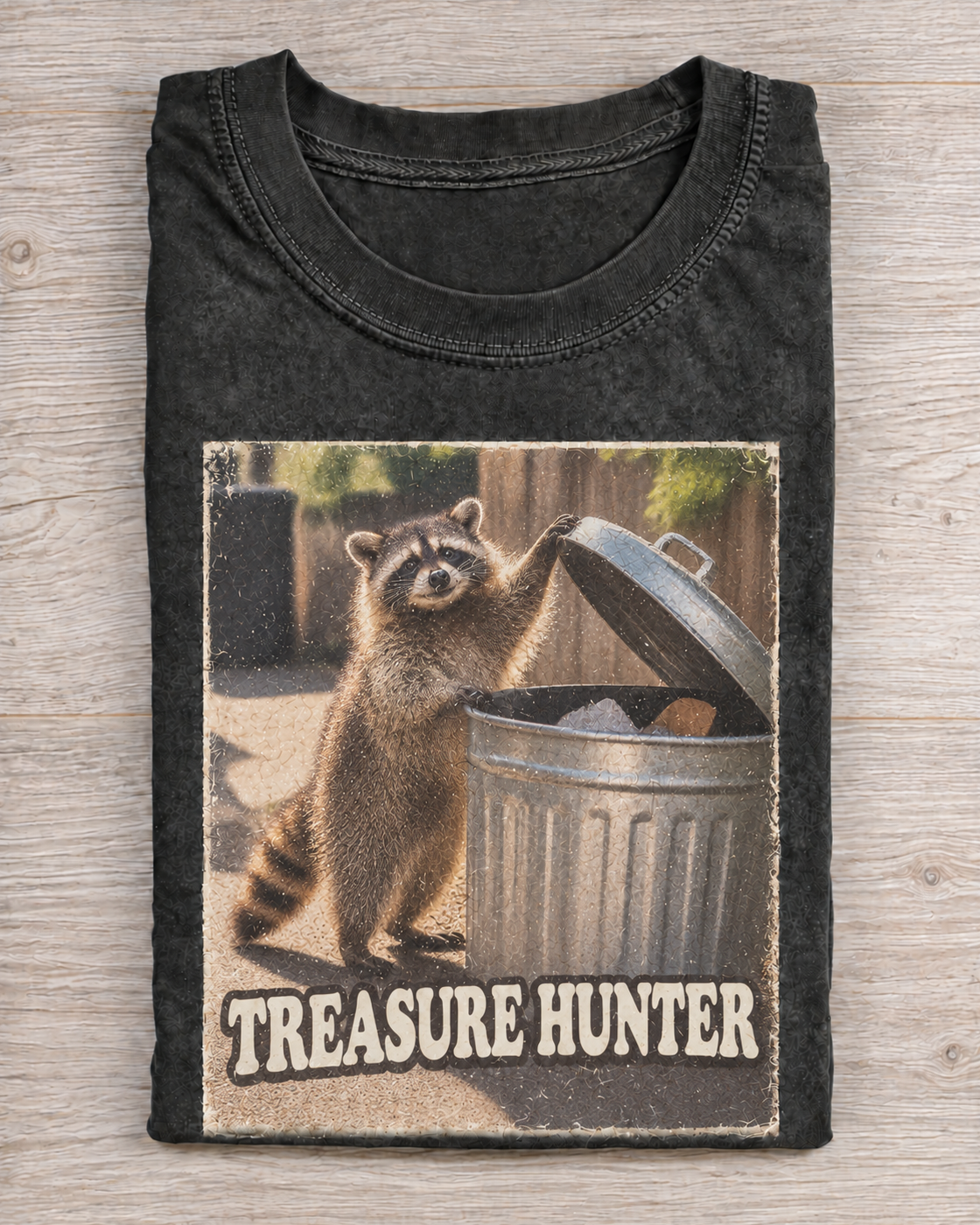 Black Washed Raccoon Treasure Hunter Graphic Tee