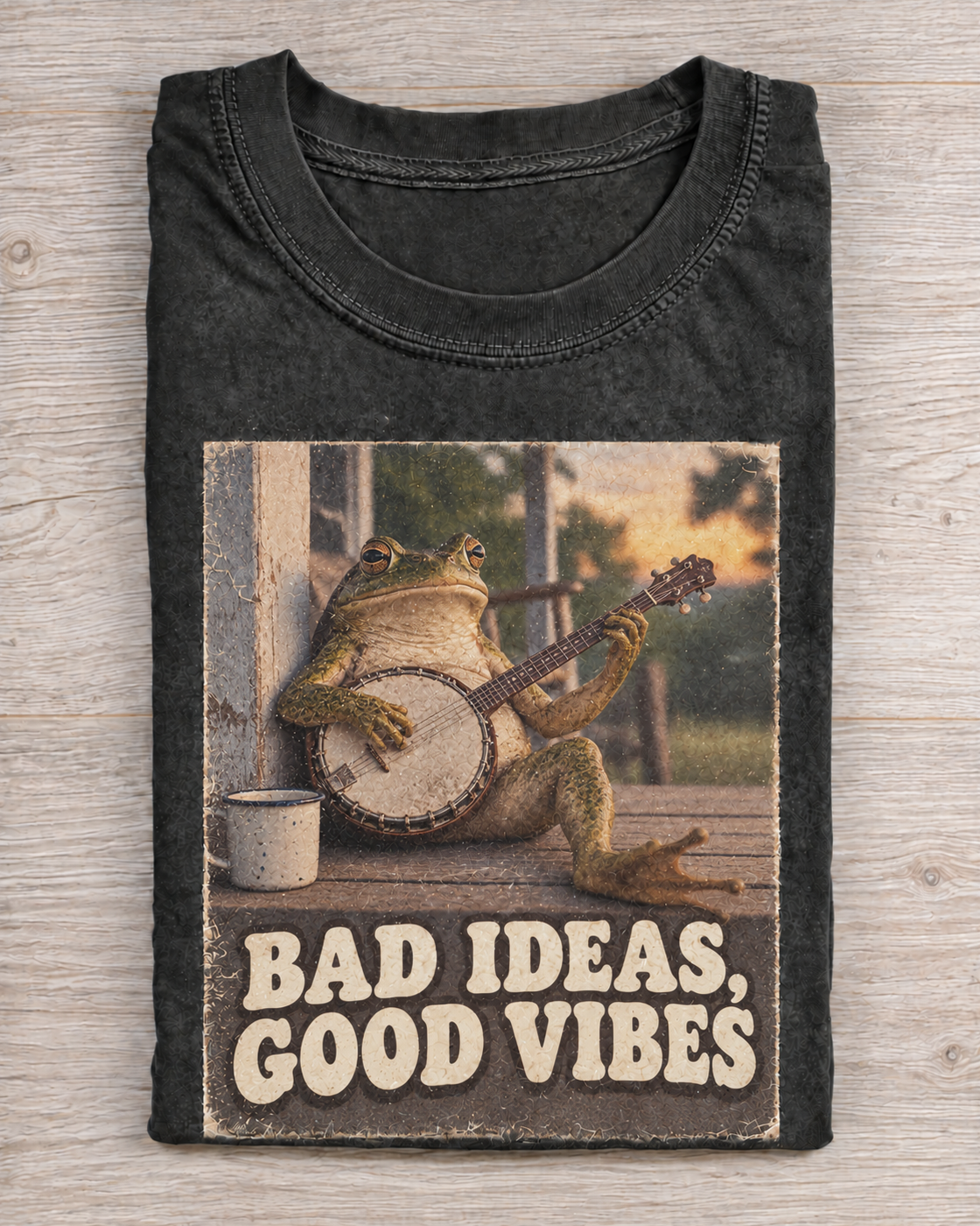 Black Washed Frog Bad Ideas Good Vibes Graphic Tee