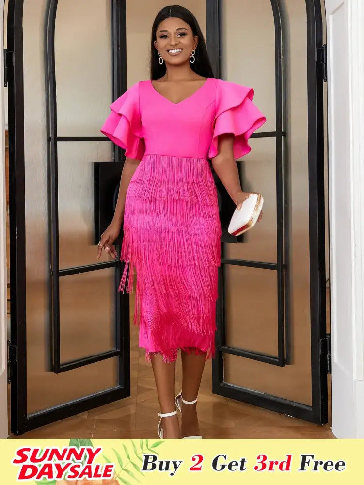 Ruffle Sleeve V Neck Midi Fringe Dress Women's