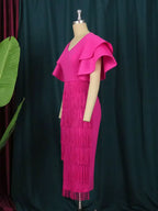 Ruffle Sleeve V Neck Midi Fringe Dress Women's