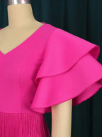 Ruffle Sleeve V Neck Midi Fringe Dress Women's