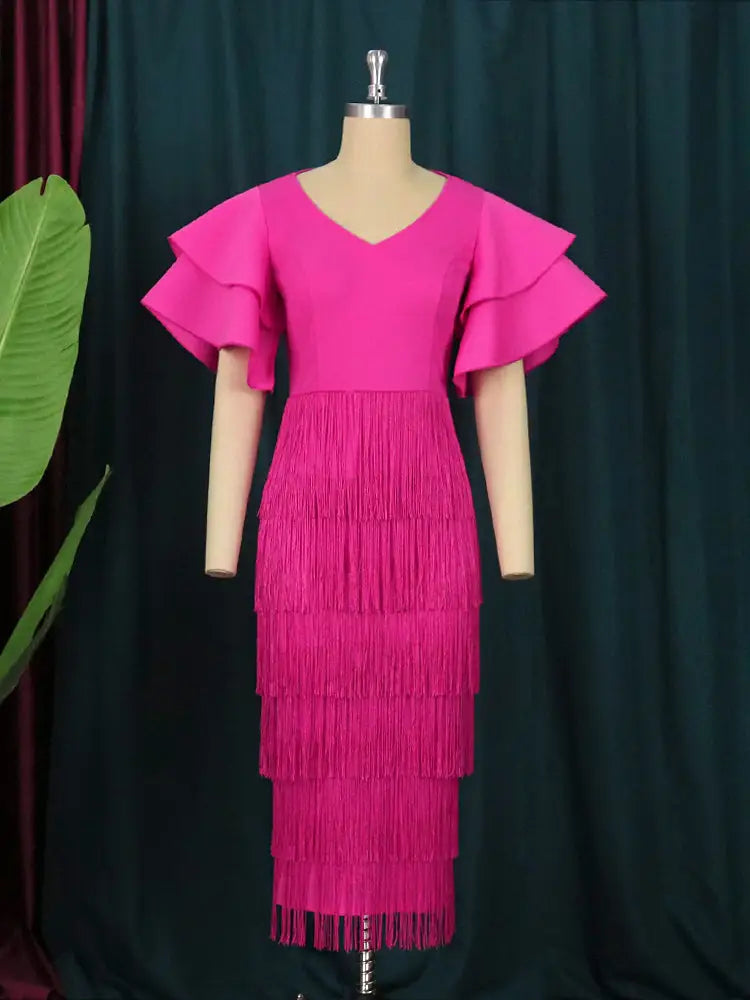 Ruffle Sleeve V Neck Midi Fringe Dress Women's