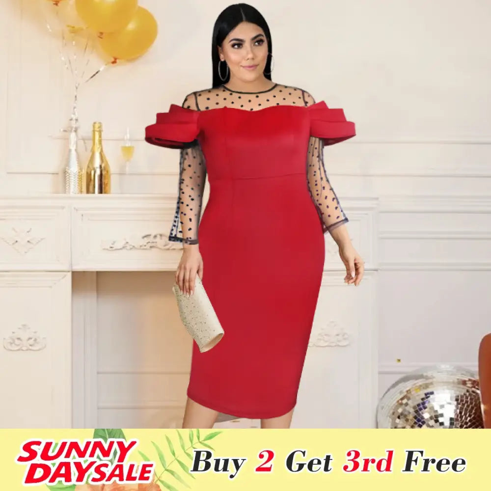 See Through Dot Sleeve Patchwork Long Dress Midi