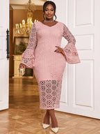 Floral Lace Dress V Neck Hollow Out Long Flare Sleeve Slim