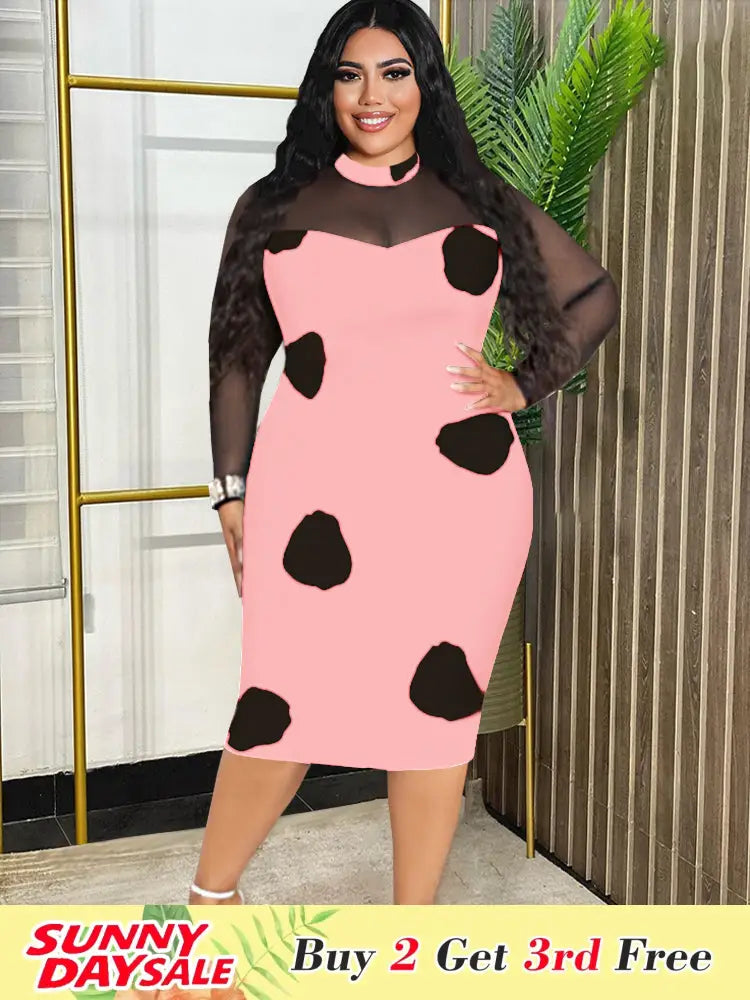 Tulle Long Sleeve Dot Bodycon Dresses Office Outfits for Ladies