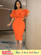 Women Off Shoulder Ruffle Flower Party Dresses Midi