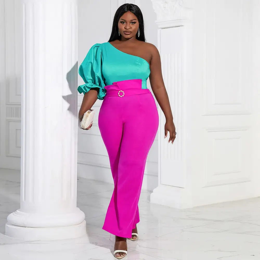 Women One Shoulder Puff Sleeves Blouse
