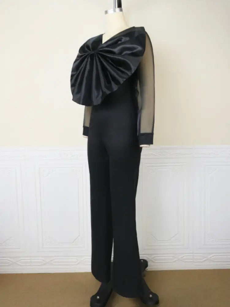 Women Organza Long Sleeve Big Bow Black Jumpsuit