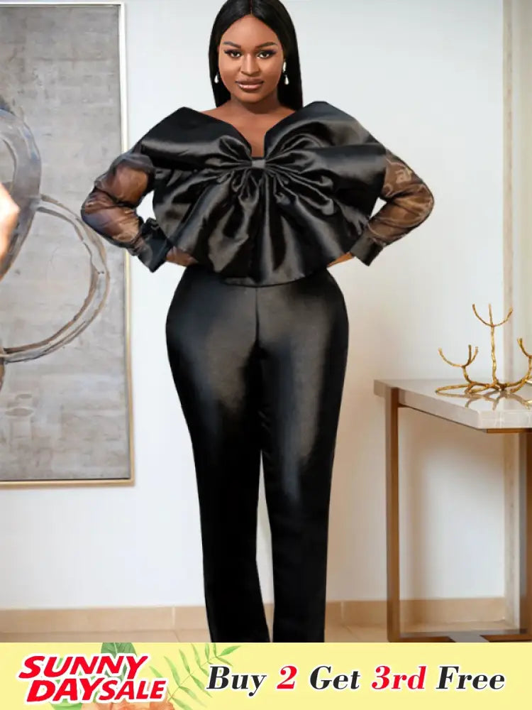 Women Organza Long Sleeve Big Bow Black Jumpsuit