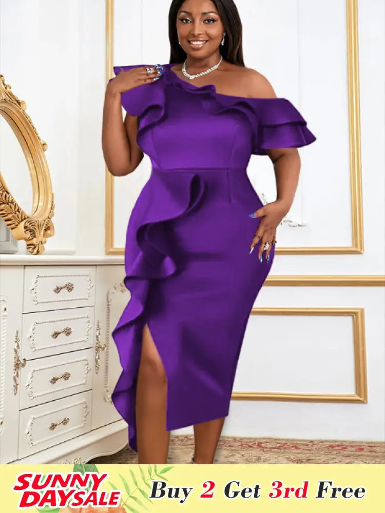 Women Purple Off Shoulder Ruffles Bodycon Dress