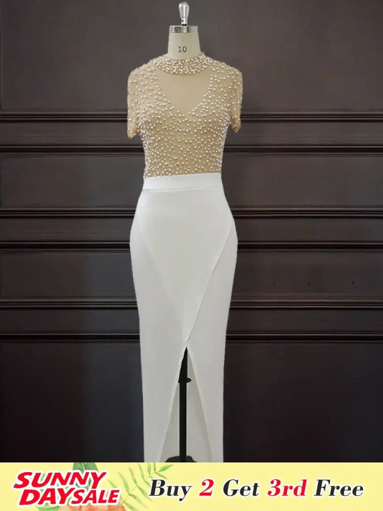 Women Sexy See Through Tulle Bead  Slit Party Dress