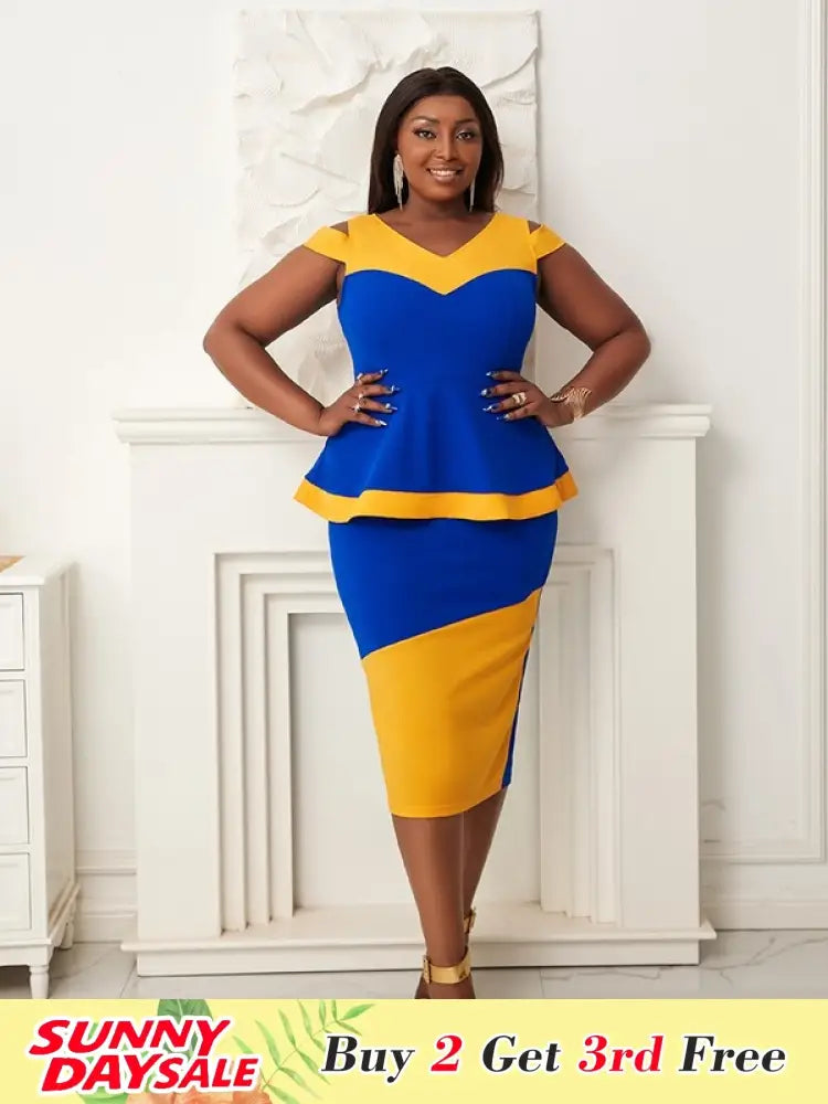 Women V Neck Color Block High Waist Peplum Dresses