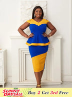 Women V Neck Color Block High Waist Peplum Dresses